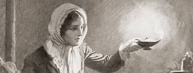 Florence Nightingale, founder of modern nursing, heroically portrayed as the lady of the lamp