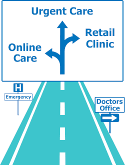 road with signs for urgent care and other healthcare options